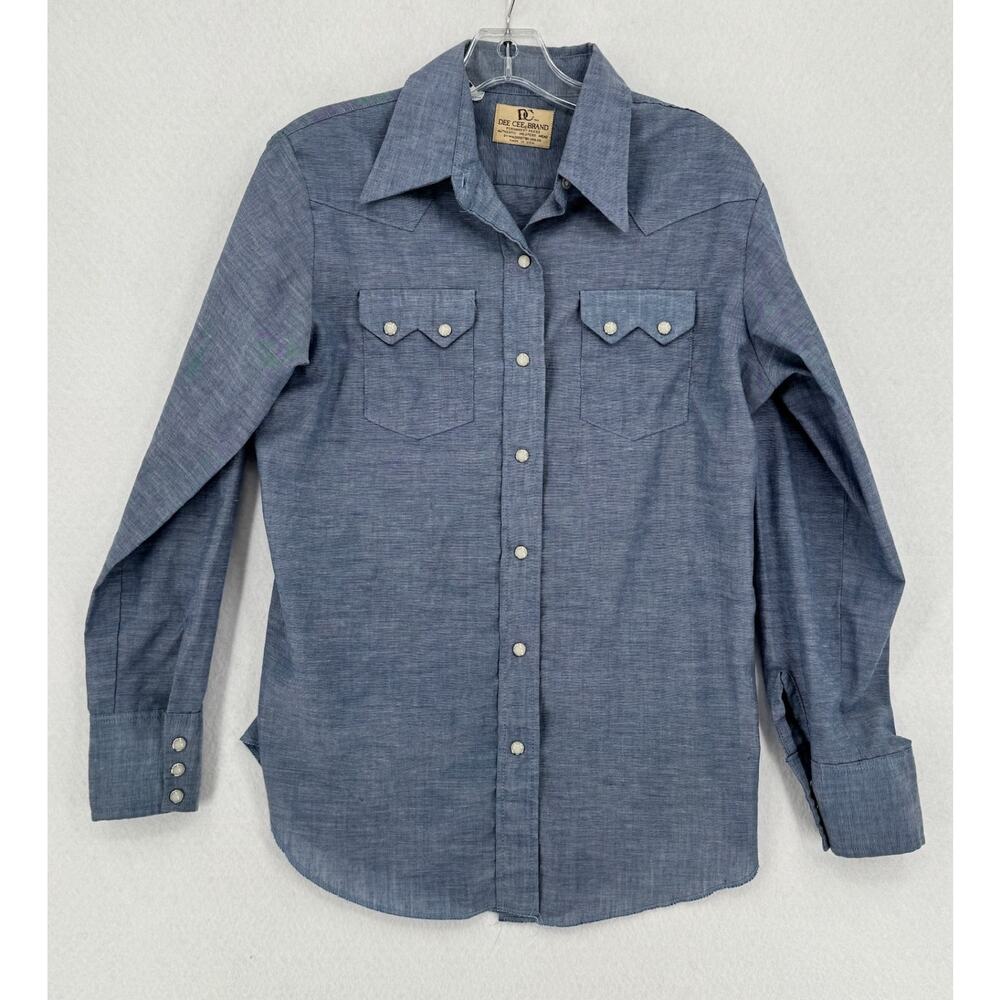 Vintage 1970s Dee Cee Brand Blue Chambray Western Pearl Snap Shirt Sz 38